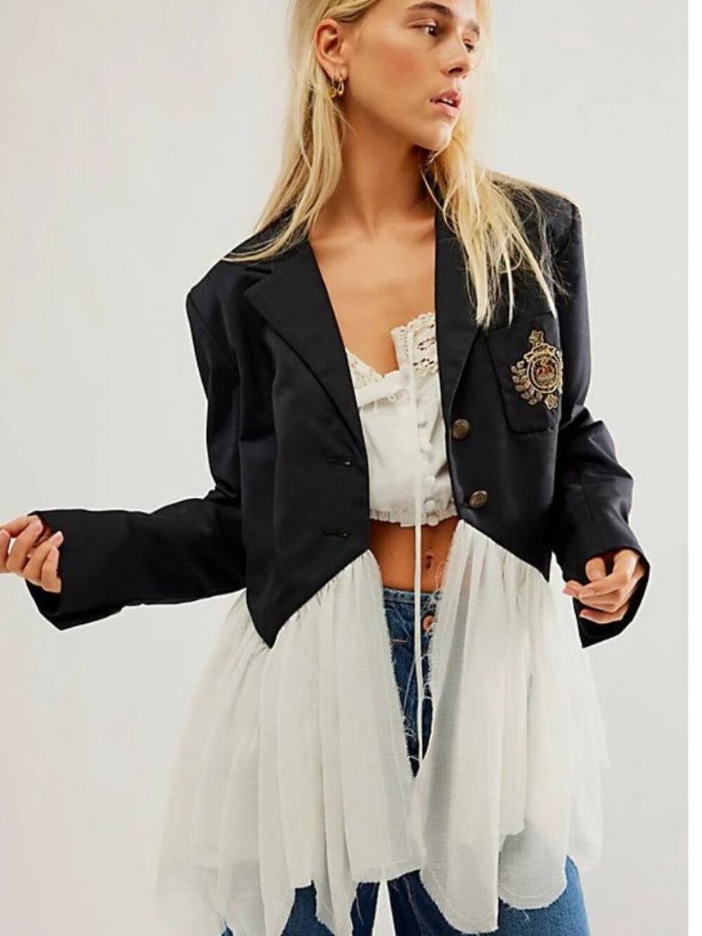 Free People Women's Sz S Ballet School Blazer Embroider Patch Navy - Picture 9 of 9